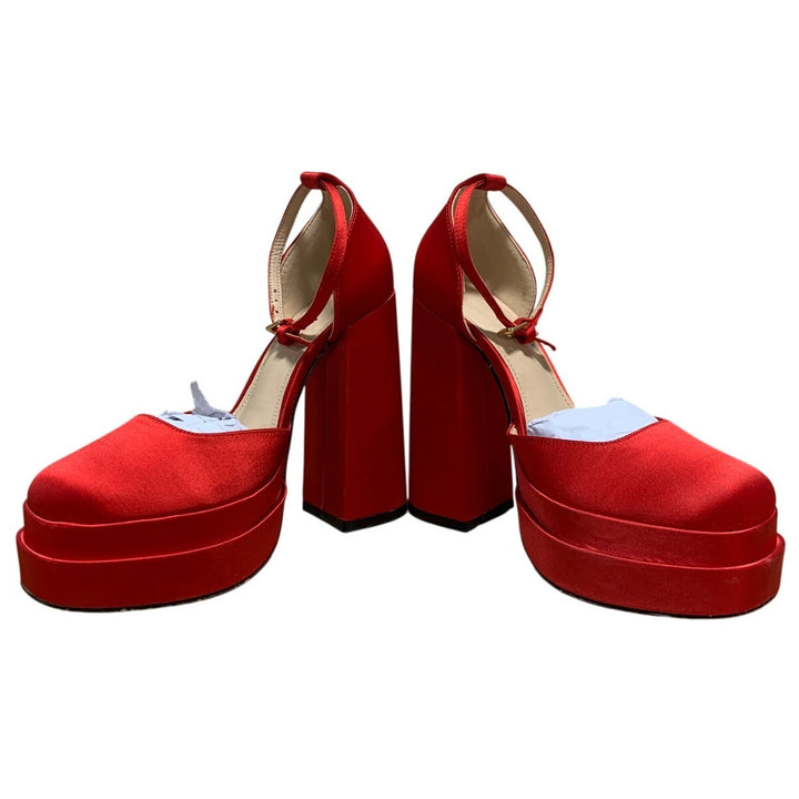 Vetaste Womens Size 7 Red 5.5" Platform Heels Closed Round Toe Ankle Strap Shoes