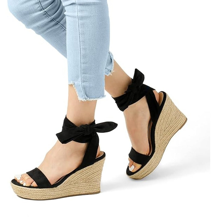 Dream Pairs Womens 8 Black Velvet Ankle Wrap 4" Platform Espadrille Wedge Shoes
