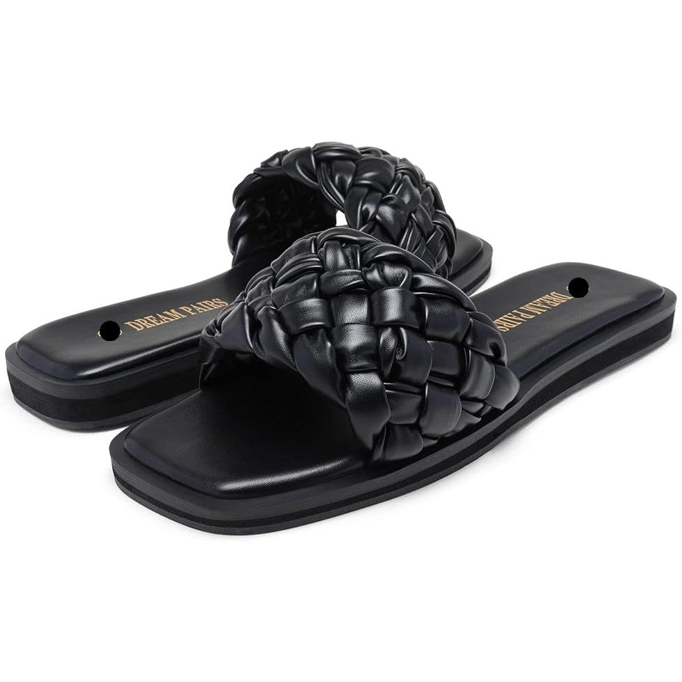 Dream Pairs Womens 10 Black Weave Slide On Open Toe Faux Leather Sandals