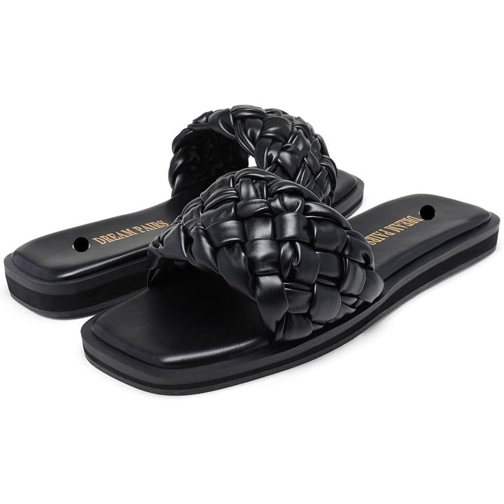 Dream Pairs Womens 10 Black Weave Slide On Open Toe Faux Leather Sandals