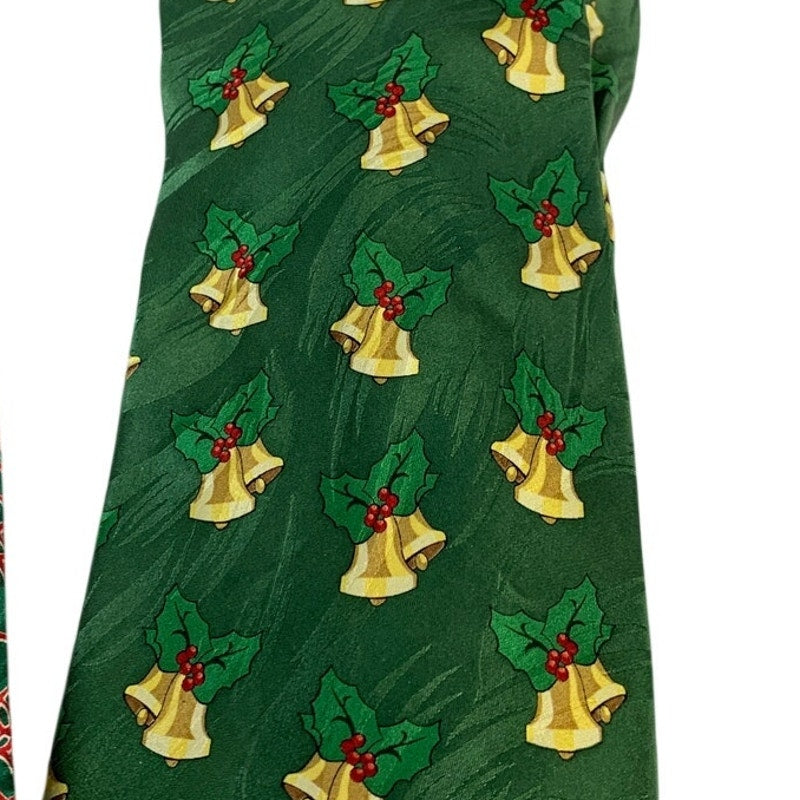 Lot of 2 Keith Daniels Mens Green Christmas Holly Jingle Bells Holiday Neck Ties