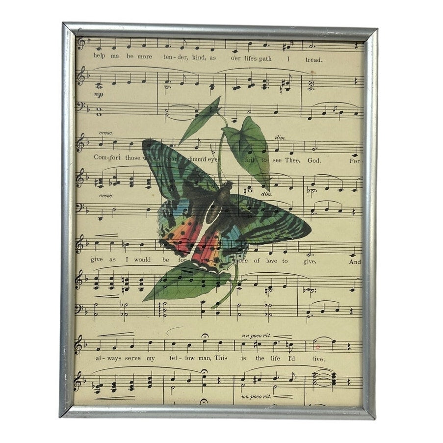Handmade Upcycled Butterfly Printed on Vintage Sheet Music No Glass 8X10&