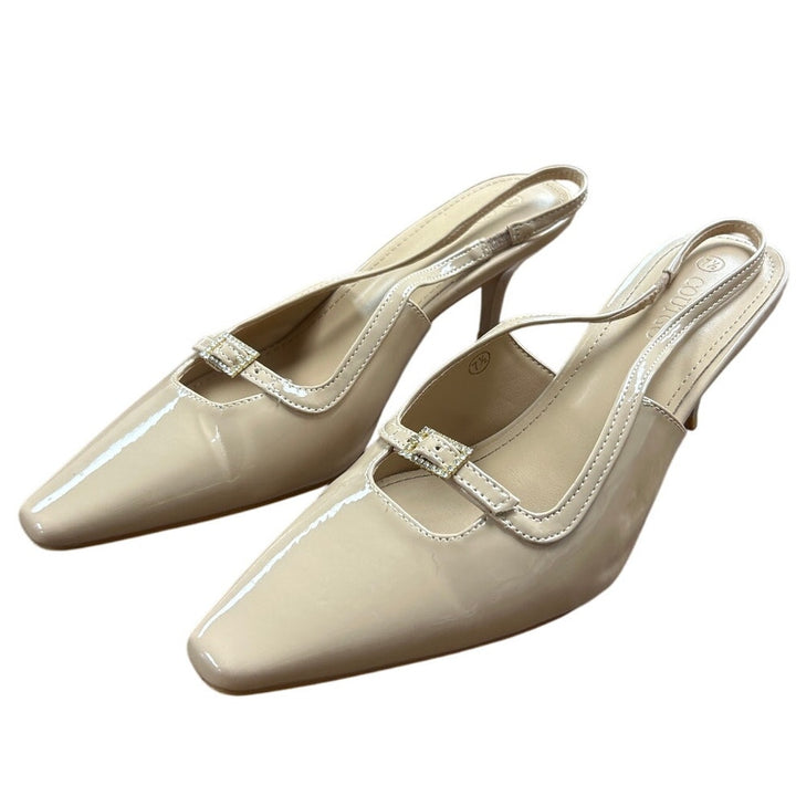 ZBY Womens Size 7.5 Tan Faux Leather Slingback 3" Heel Closed Toe Buckle Shoes