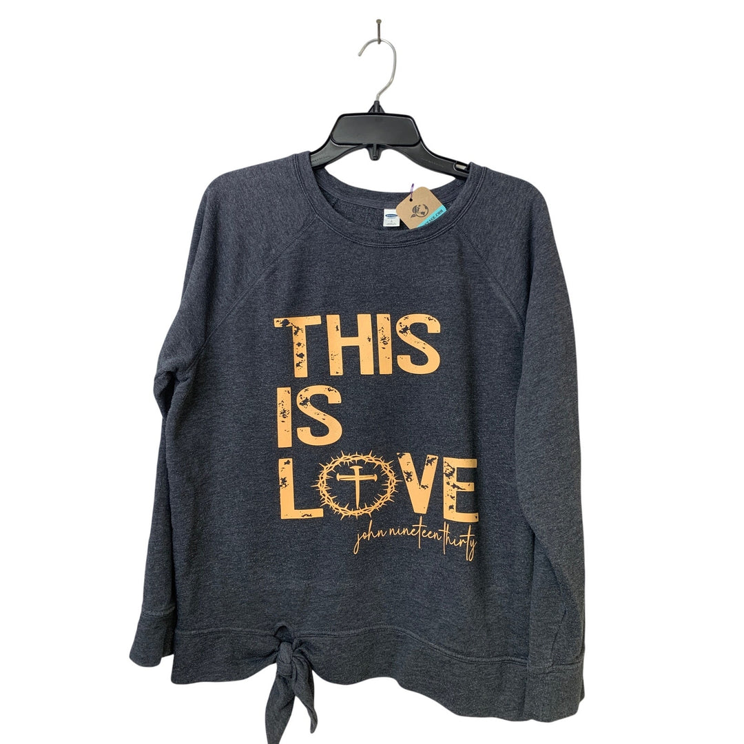 Upcycled Hand Printed Womens Large This is Love John 19:30 Gray Twist Sweatshirt