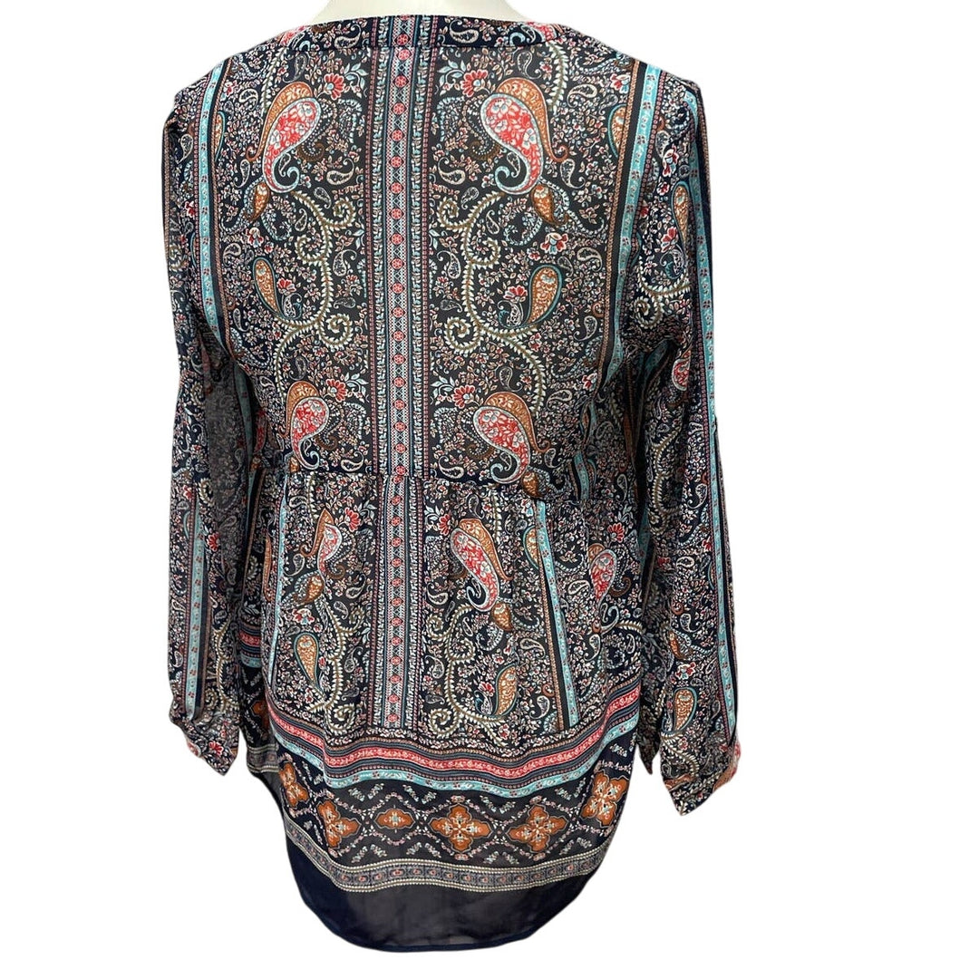 DR2 Small Long Sleeve Sheer Boho Paisley Front Tie Floral Polyester Top Blouse