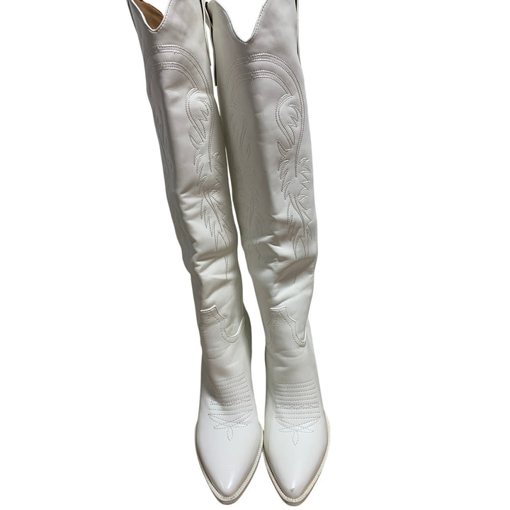 Isnom Womens Size 9 White Faux Leather 4" Heel Knee High Cowboy Western Boots