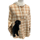 New Hand Printed Womens Large Black Lab Dog Long Sleeve Plaid Flannel Hoodie