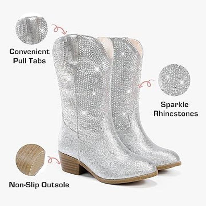 Motasha Big Girls Size 4 Rainbow Silver Rhinestone Sparkle Pull On Cowboy Boots