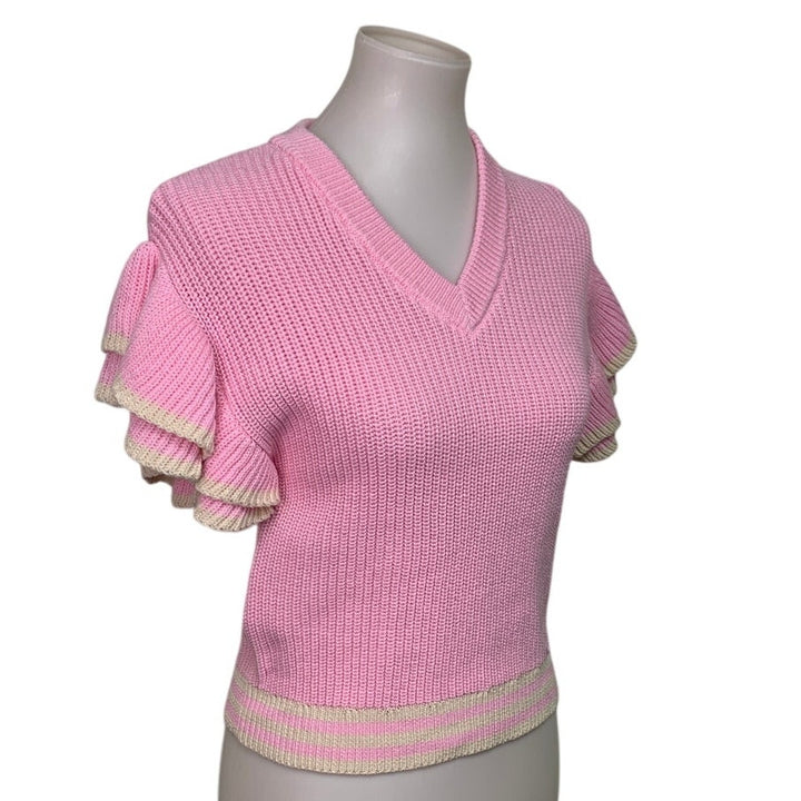 New Aerie Womens Small Pink V Neck Short Ruffled Sleeve Knit Sweater Top