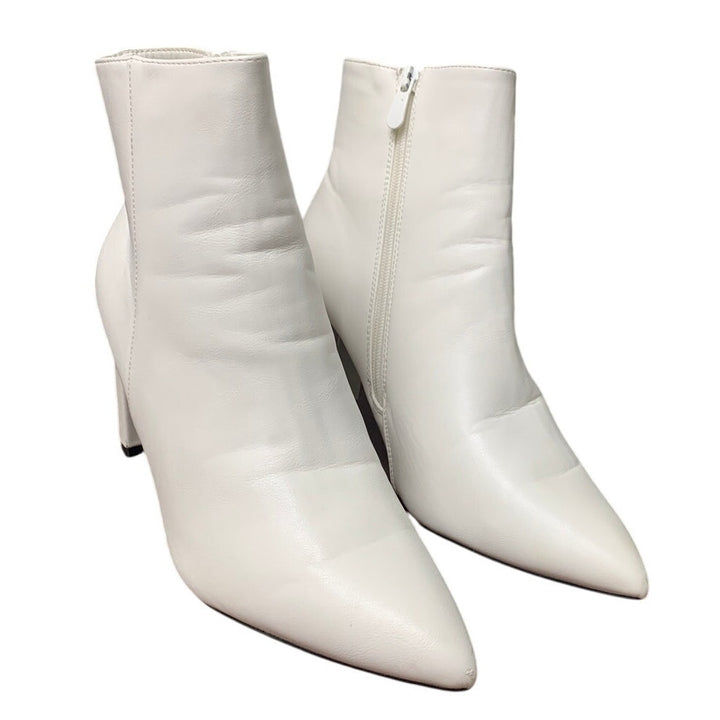Dream Pairs Womens Size 9.5 White Faux Leather3.5" Chunky Heel Ankle Boot Shoes