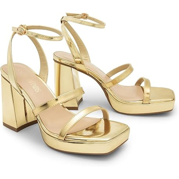Dream Pairs Womens Size 6.5 Gold Open Toe 4" Block Heel Ankle Strap Sandal Shoes