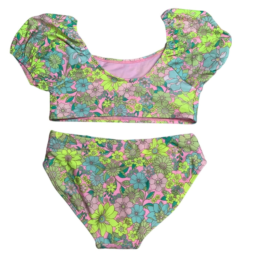 New Cat &amp; Jack Girls Medium (8) UPF 50+ Neon Yellow Floral Bikini 2PC Swimsuit