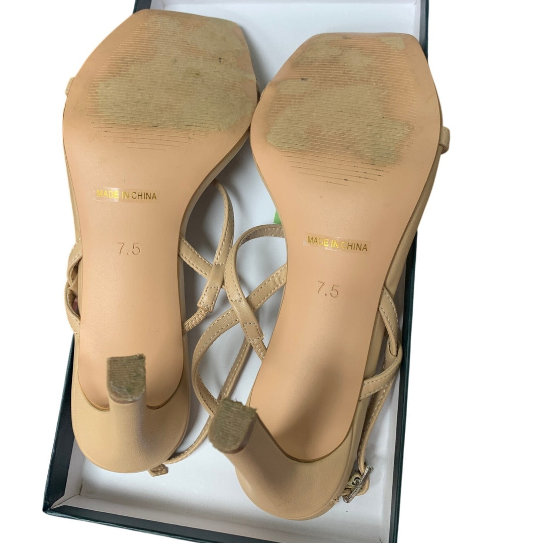 Modatope Womens Size 7.5 Nude Tan Open Toe Ankle Strap 3.75" Heel Sandal Shoes