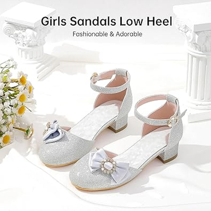 Motasha Big Girls Size 1 Silver Glitter Ankle Strap 1" Heel Wedding Dressy Shoes