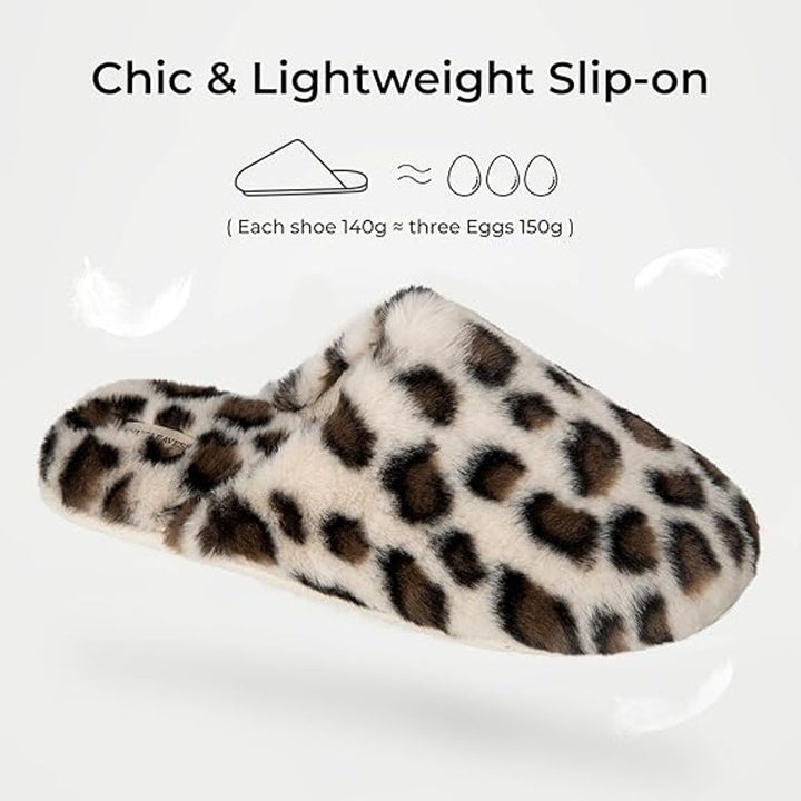 New Snug Leaves Womens 7/8 White Brown Leopard Spot Fuzzy Memory Foam Slippers