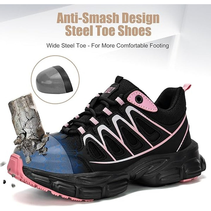 Umburlly Womens 5.5 Black Pink Steel Toe Lace Up Non Slip Composite Work Shoes