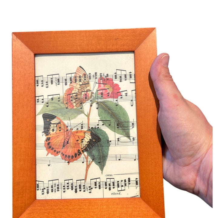 Handmade Upcycled Vintage Sheet Music Orange Pink Butterfly Flowers Framed Art