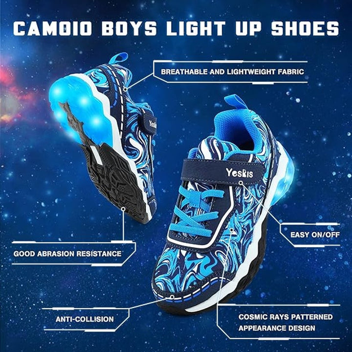 Yeskis Boys Size 3 Blue Swirl Light Up Hook Loop Elastic Lace Slide On Shoes