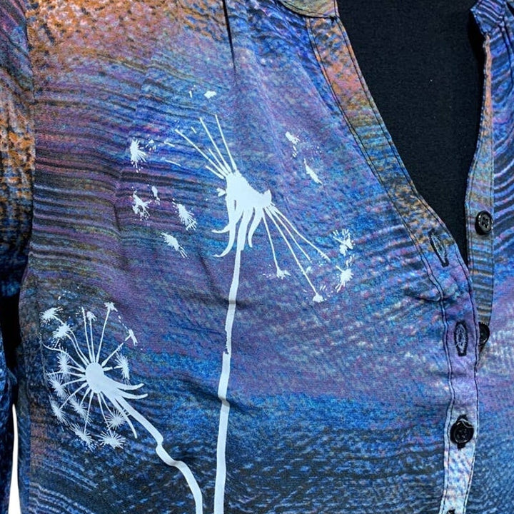 Hand Printed Medium Upcycled Dandelion Flowy Colorful Button Down 3/4 Sleeve Top