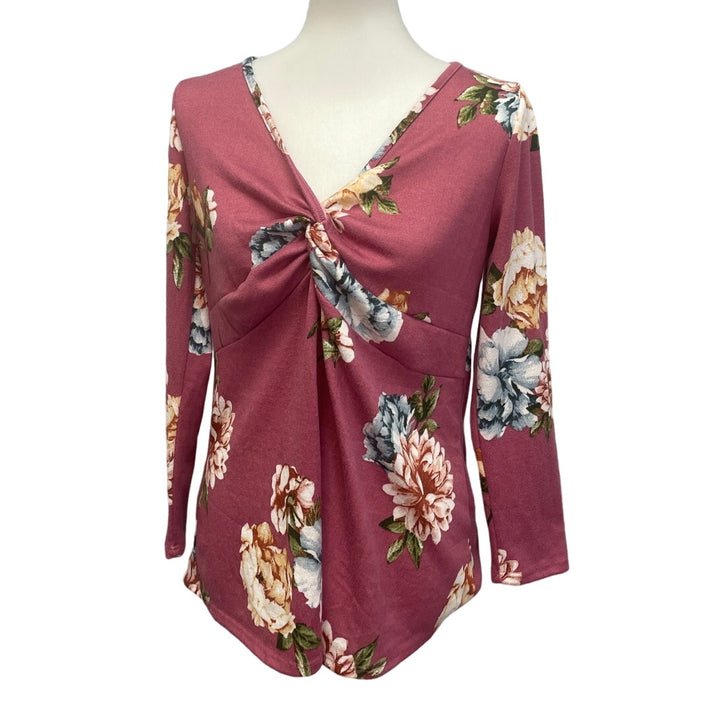 Emerald Women Dusty Pink Small PolySpandex Floral Long Sleeve V Neck Blouse