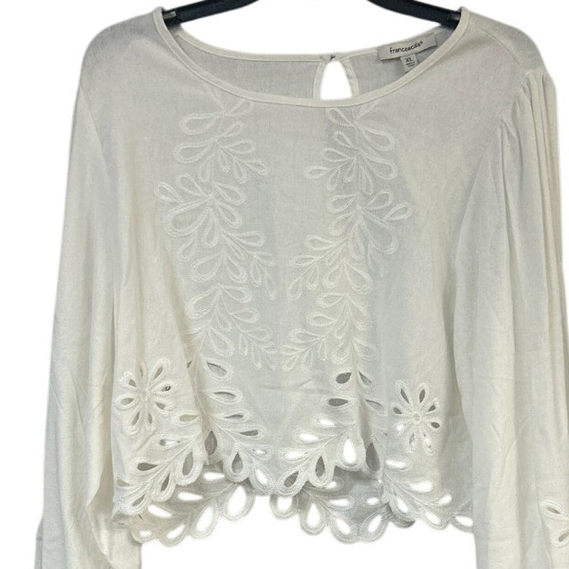 New Francescas Womens XL White Scalloped Edge Long Sleeve Linen Blend Crop Top