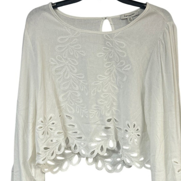 New Francescas Womens XL White Scalloped Edge Long Sleeve Linen Blend Crop Top