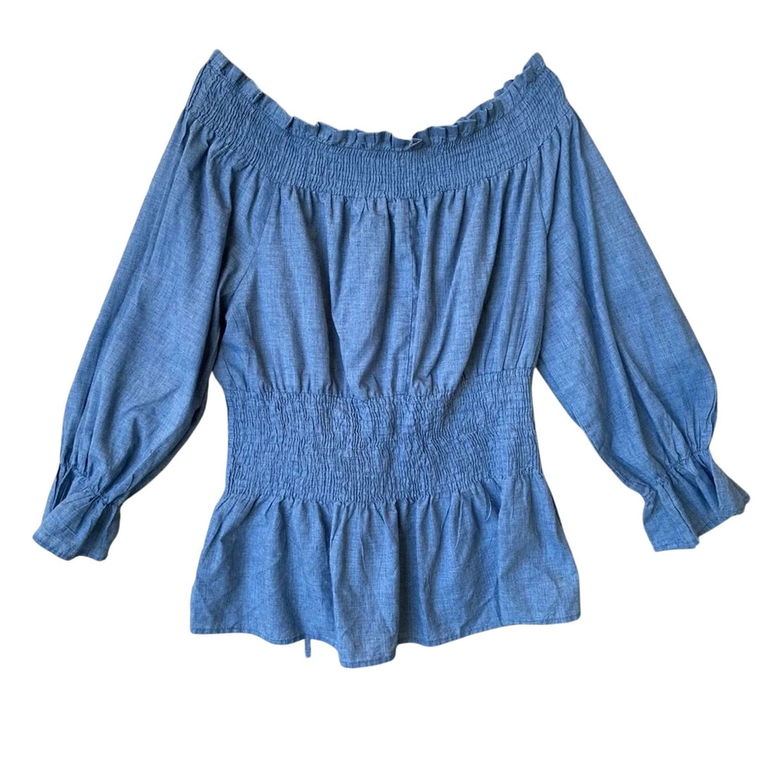 Ashley Stewart Womens Size 16 Blue Off-Shoulder Long Sleeve Smocked Blouse