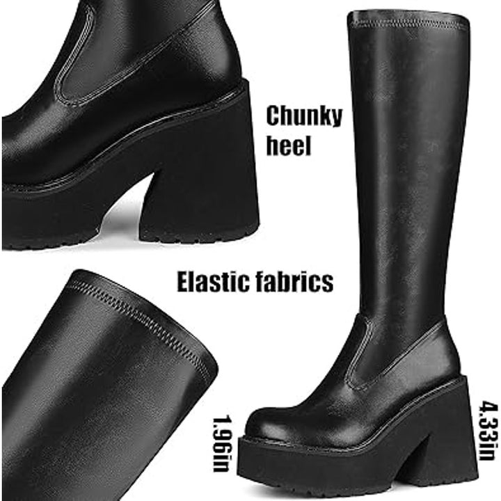 Aminugal Womens Size 9.5 Black Faux Leather Elastic Knee High Platform Boots