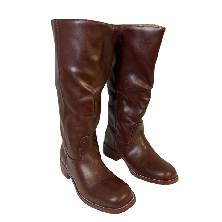 FemFlame Womens 8.5 Dark Brown 1.5" Heel Knee High Boots Closed Square Toe Shoes