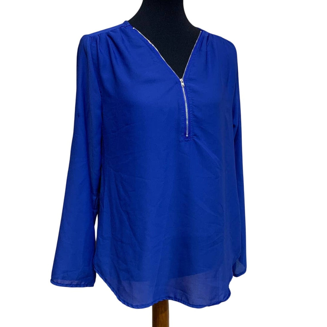 Womens Large Flowy Royal Blue Front Zip Long Sleeve Sheer Hi Low Top w Flaws