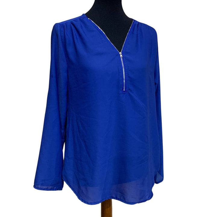 Womens Large Flowy Royal Blue Front Zip Long Sleeve Sheer Hi Low Top w Flaws