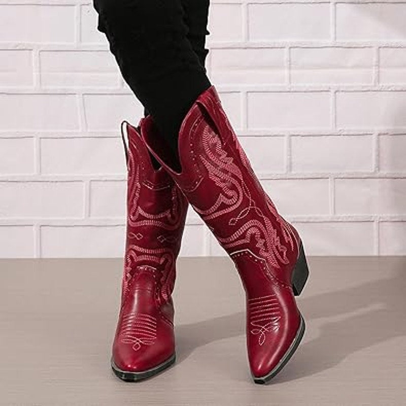 SelRoys Womens 11 Red Faux Leather 2" Heel Pull On Mid Calf Cowboy Boot Shoes