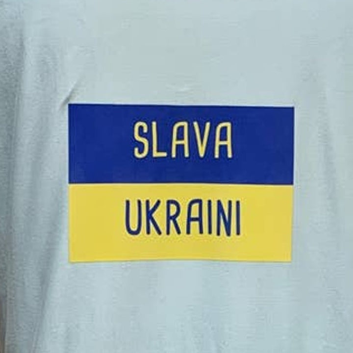 Upcycled Hand Printed XL Ukraine Flag Stork Bird Peace Slava Ukraini Artist Tee