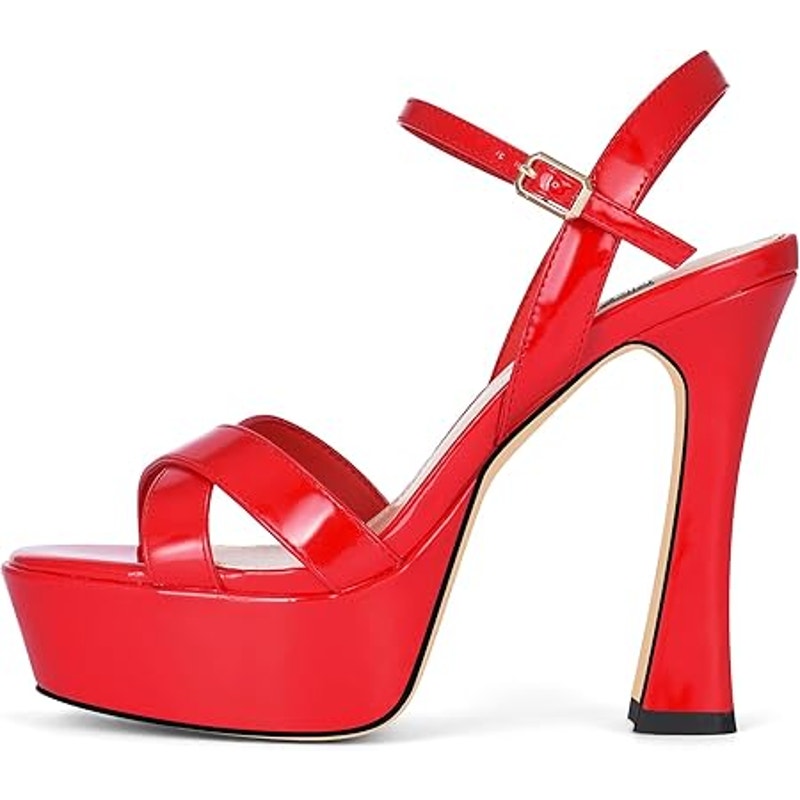 Dumjey Womens 8 Red Faux Leather 5" Heel Platform Open Toe Ankle Strap Shoes