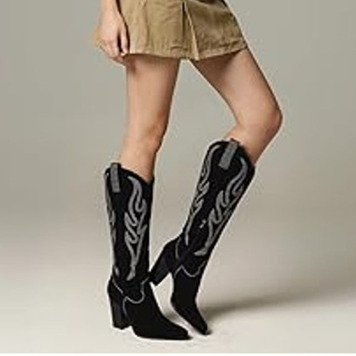 Celbreez Womens Size 7 Black Faux Suede Knee High 4" Heel Western Boots Shoes