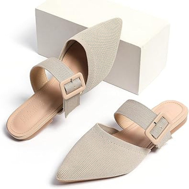 Meknitva Womens 9.5W Wide Tan Pointed Toe Mule Flat Slip On Sandal Shoes