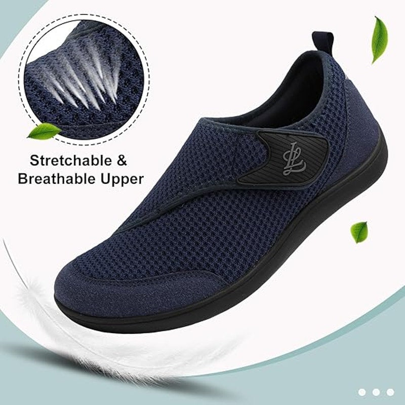 Lelsfit Mens Size 9 Navy Sneakers Hook Loop Closure Wide Toe Casual Shoes
