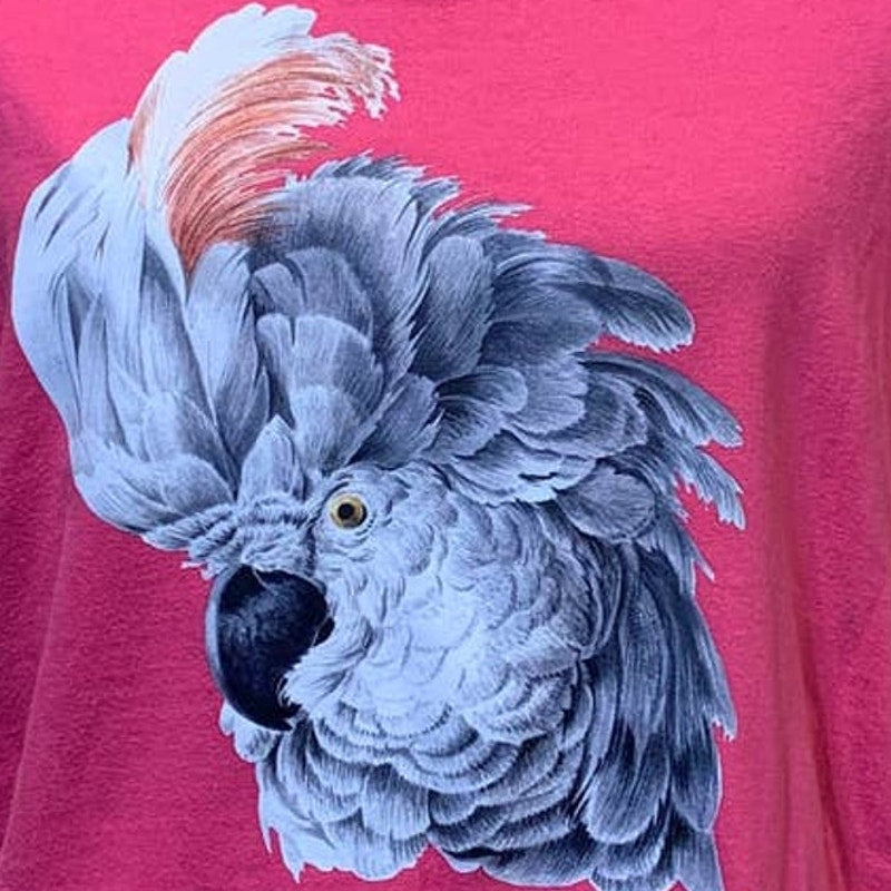 Upcycled Hand Printed Womens Large White Cockatoo Parrot Ukraine Fundraiser Tee