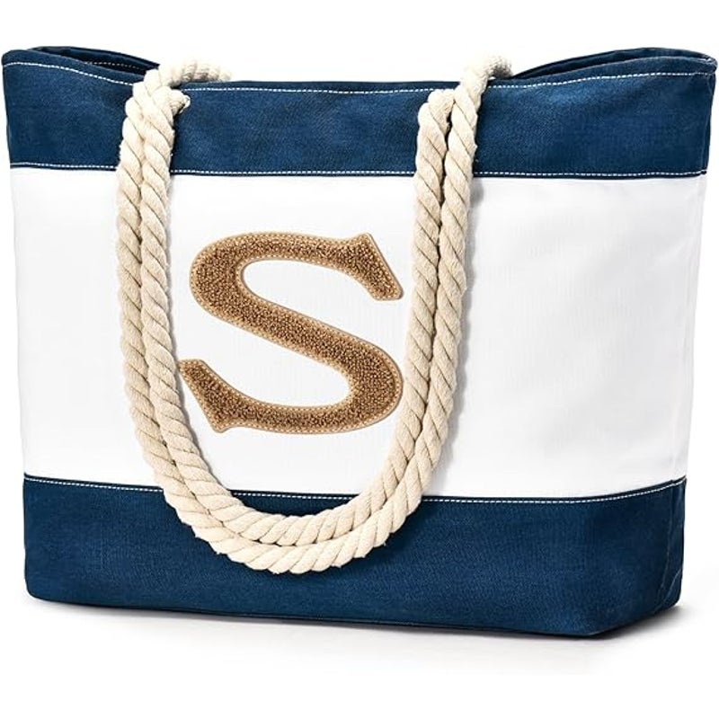 New Becokan S Initial Navy White Stripe Canvas Waterproof Zipper Beach Tote Bag