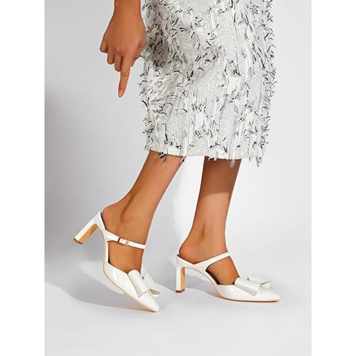 Geluboao Womens Size 7.5 White Faux Leather 3.5" Heel Closed Toe Bow Pump Shoes