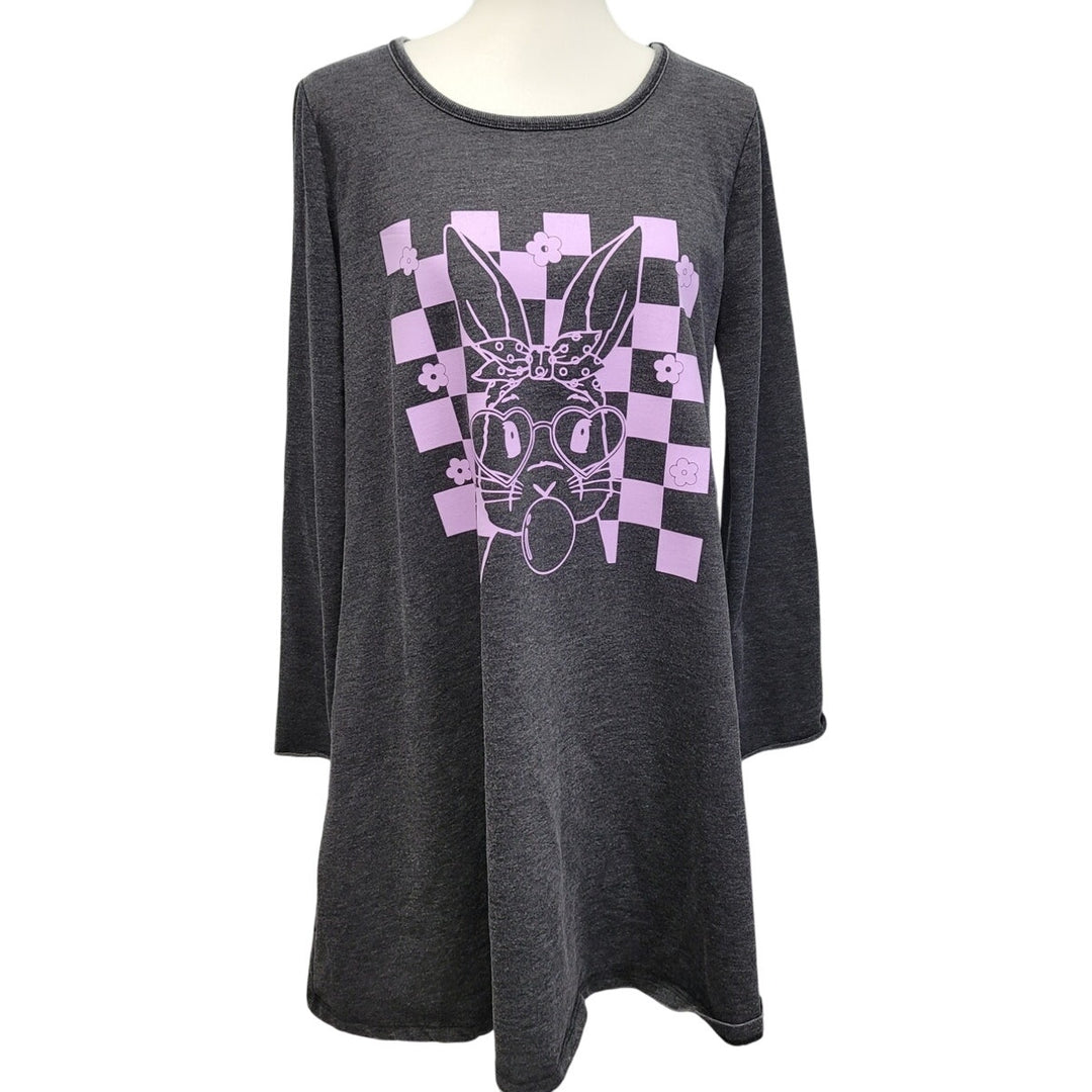 Hand Printed Upcycled Womens Large Easter Bunny Blowing Bubble Long Tee Shirt