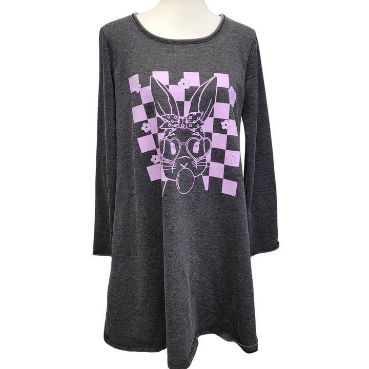 Hand Printed Upcycled Womens Large Easter Bunny Blowing Bubble Long Tee Shirt