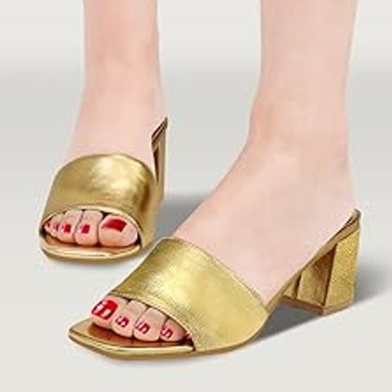 Pizz Annu Womens 7.5 Shiny Gold Open Toe 2.5" Block Heel Slide On Sandal Shoes