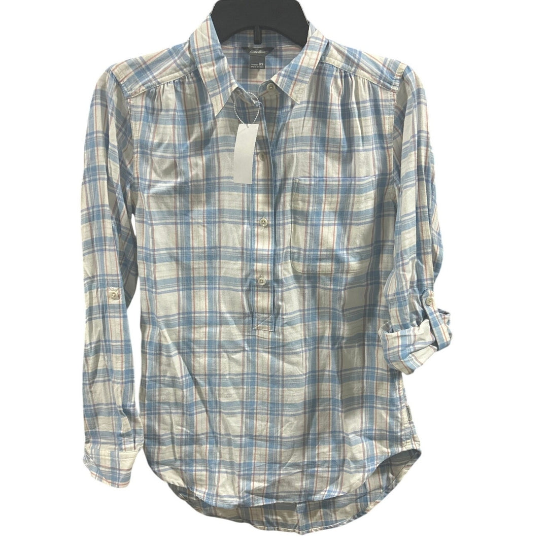 New Eddie Bauer Womens Blue White Plaid Cotton Blend Roll Tab Sleeves Shirt