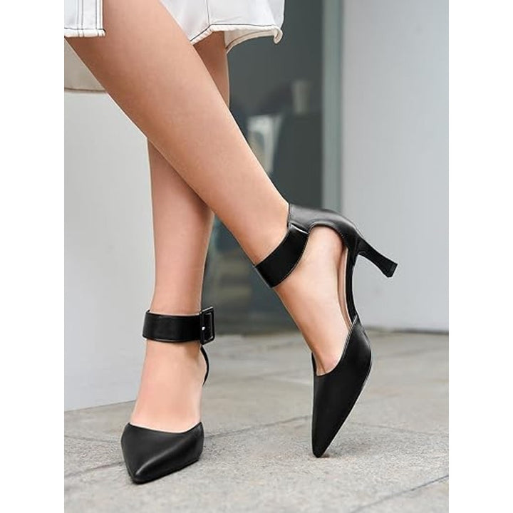 Coutgo Womens Size 7.5 Black 3" Heels Closed Pointed Toe Ankle Strap Pumps