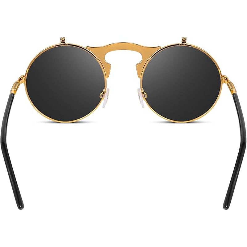 New Yvey Unisex Gold Black Retro 80s 90s Flip-Up Round Steampunk Sunglasses