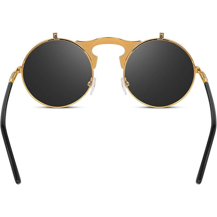 New Yvey Unisex Gold Black Retro 80s 90s Flip-Up Round Steampunk Sunglasses