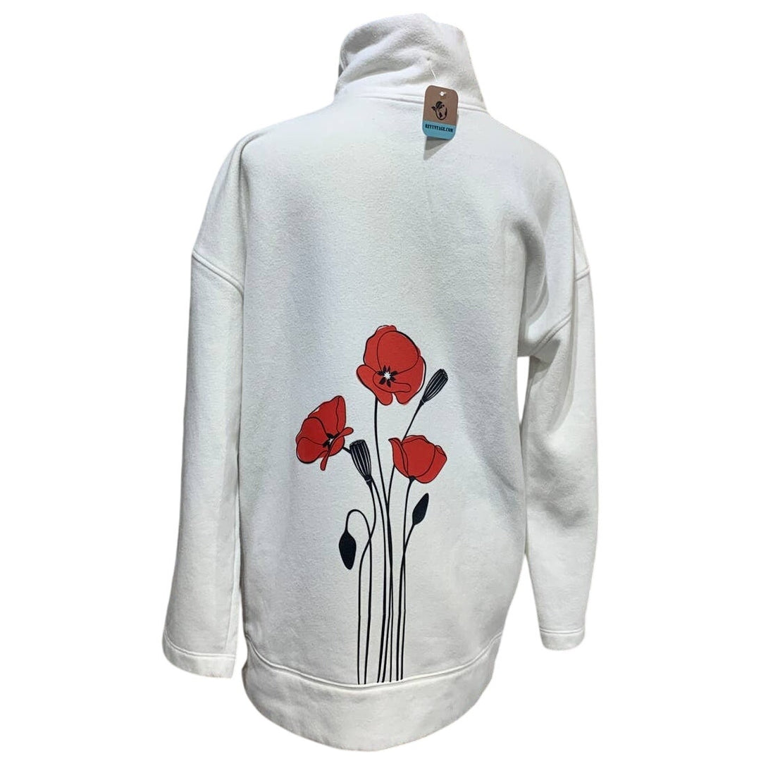 Hand Printed Upcycled Womens Medium Red Poppy Flower Cotton Blend Sweatshirt