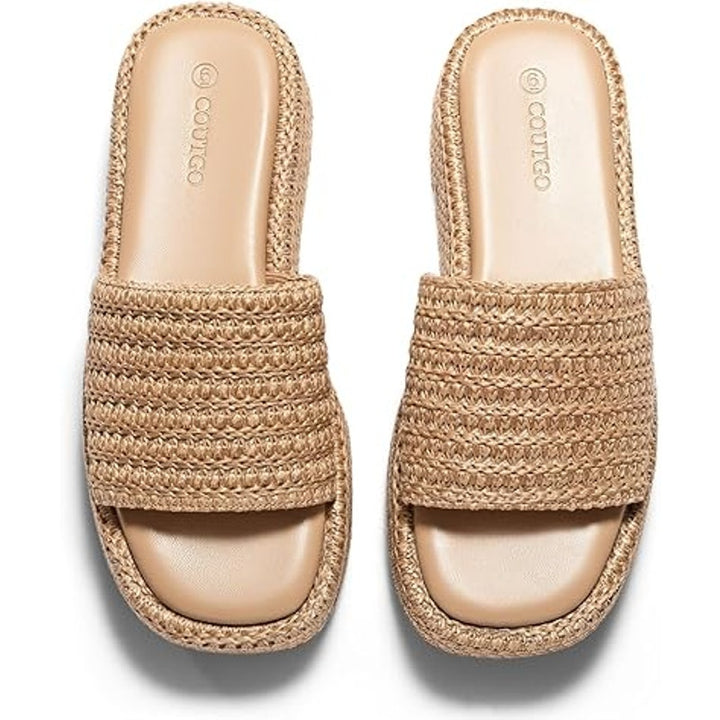 Coutgo Womens Size 8 Tan Raffia Espadrille SlipOn Open Toe Platform Sandal Shoes