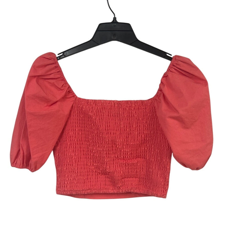 New Francescas Womens XS Coral Pink Cotton Blend Smocked Cropped Pouf Sleeve Top